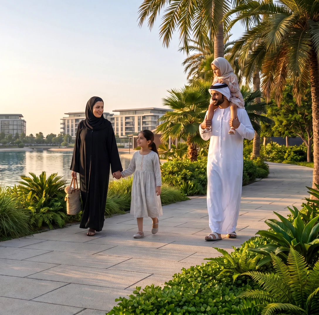 Car-free pedestrian upper level at Mira Hills Abu Dhabi