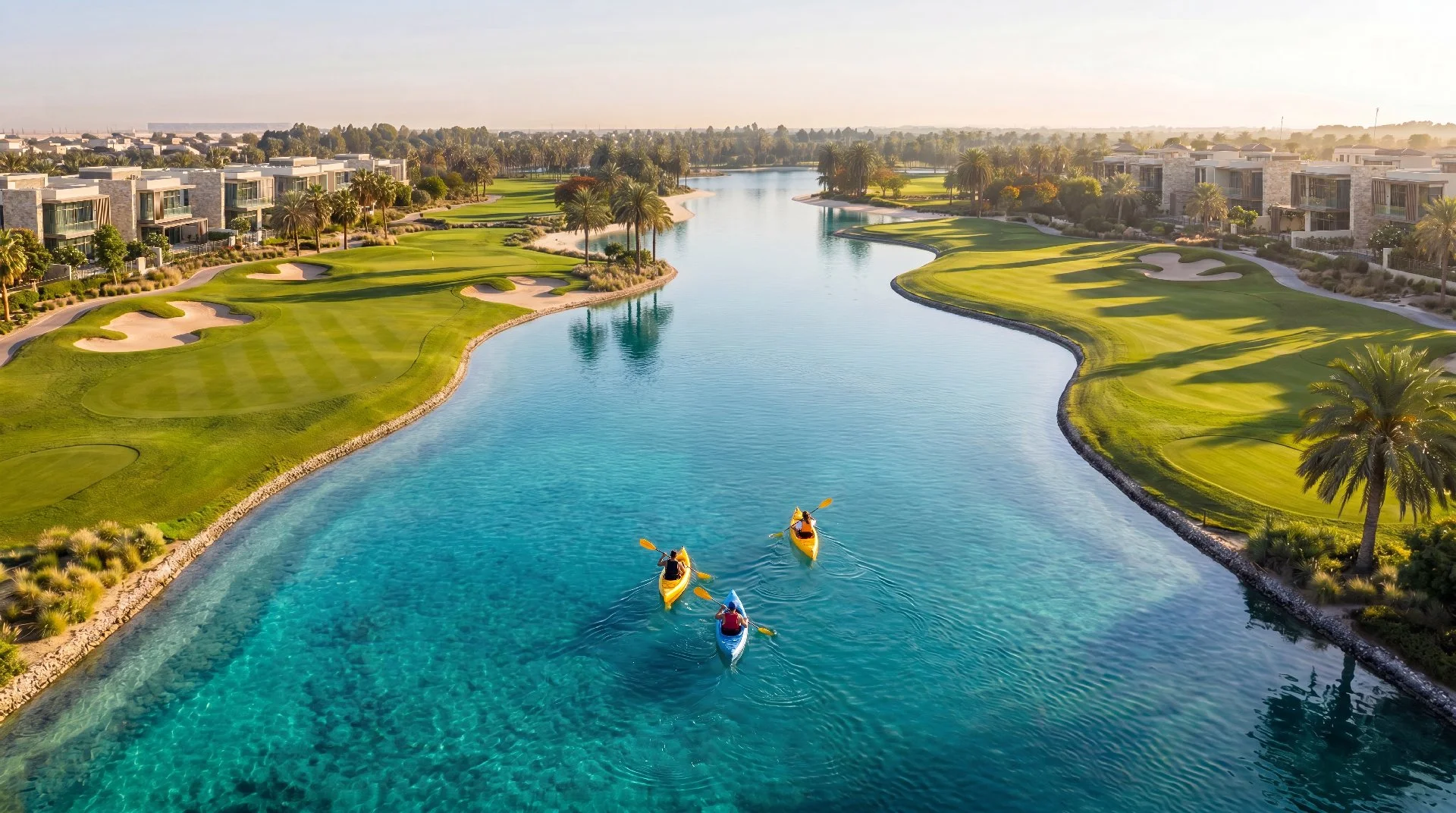 Championship golf course and lagoon at Mira Hills Abu Dhabi